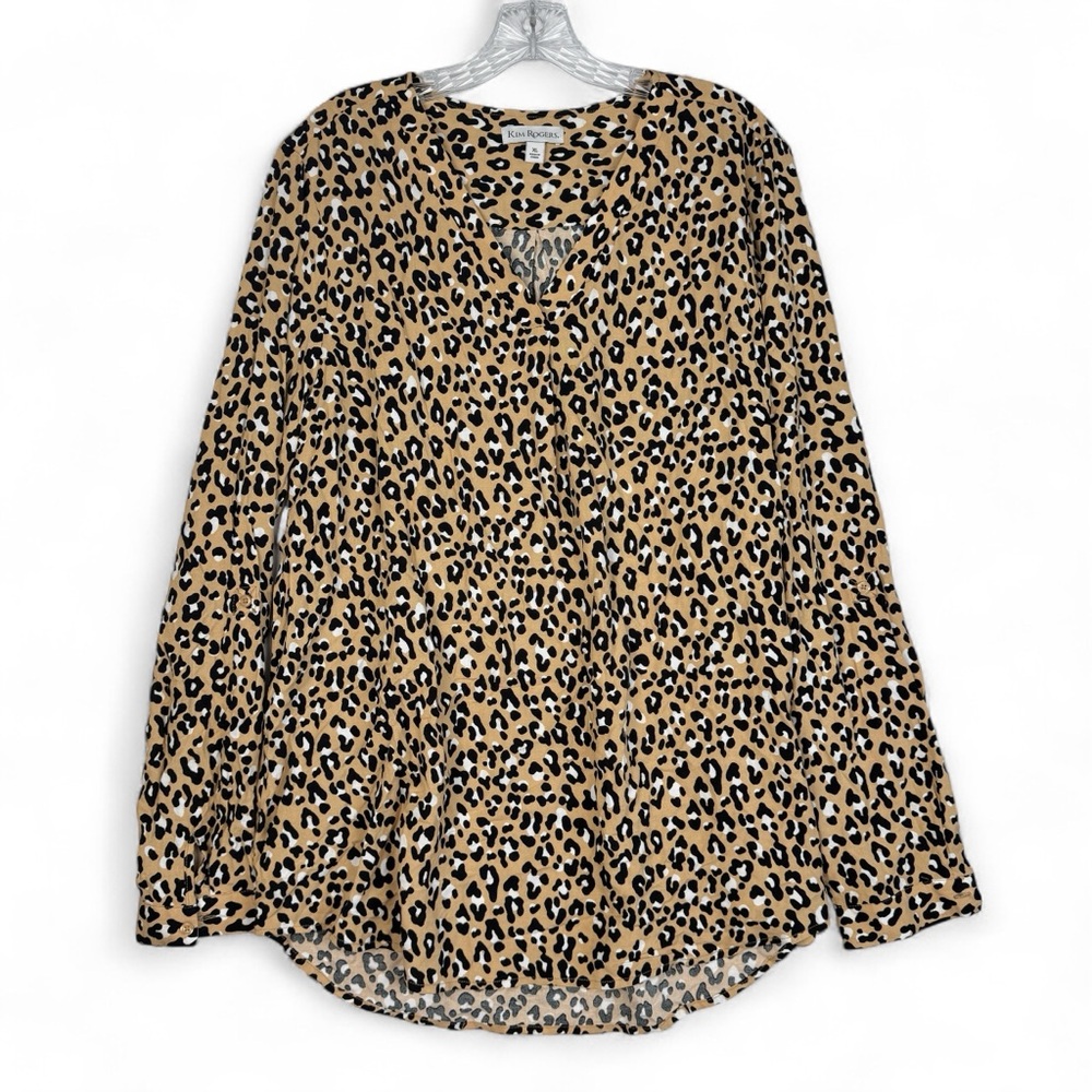 Kim Rogers Animal Print V-neck Top Womens XL Long Roll Tab Sleeve Rayon